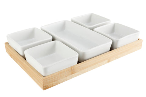 APERO BOARD WITH 5 CUPS CERAMIC 28,4X19,4XH3,8CM BAMBOO