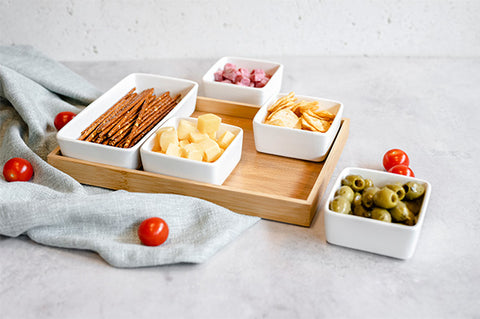 APERO BOARD WITH 5 CUPS CERAMIC 28,4X19,4XH3,8CM BAMBOO