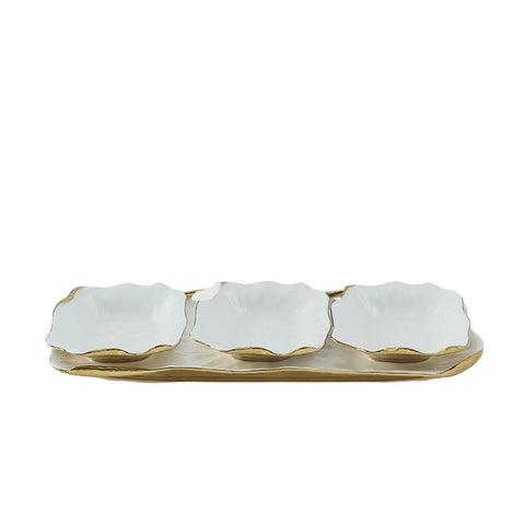 Set of 3 Dishes on White Porcelain Platform Golden Edges