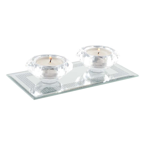 Double Crystal Candle Holder on Silver Mirror
