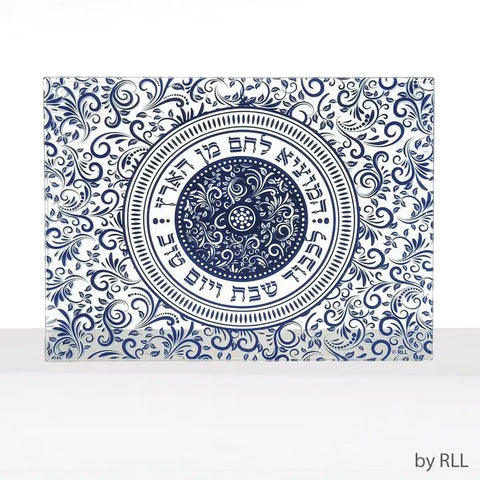 Challah Board Blue Damask, Tempered Glas