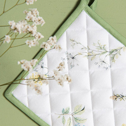 Pot Holder 20X20 CM White Green Cotton Flowers