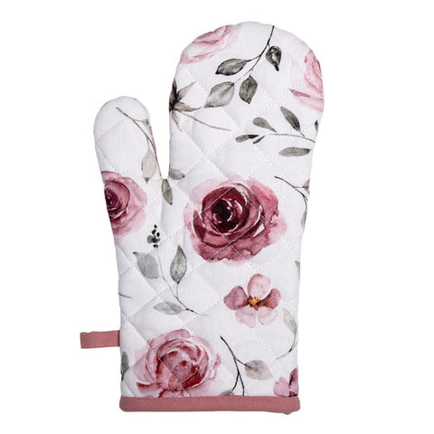 Oven Mitt White Pink Cotton Roses