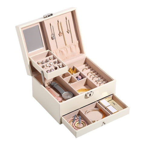 Large Leather Jewellery Box 3 layer Beige