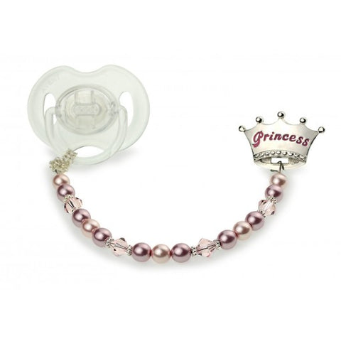 Crown with European Pearls and Crystals, Sterling Silver Daisy Spacers Pacifier Clip
